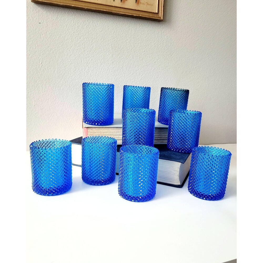 Vintage Hobnail Diamond Blue Glass Votive Candleholders